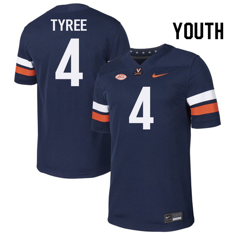 Youth Virginia Cavaliers #4 Chris Tyree College Football Jerseys Stitched-Navy